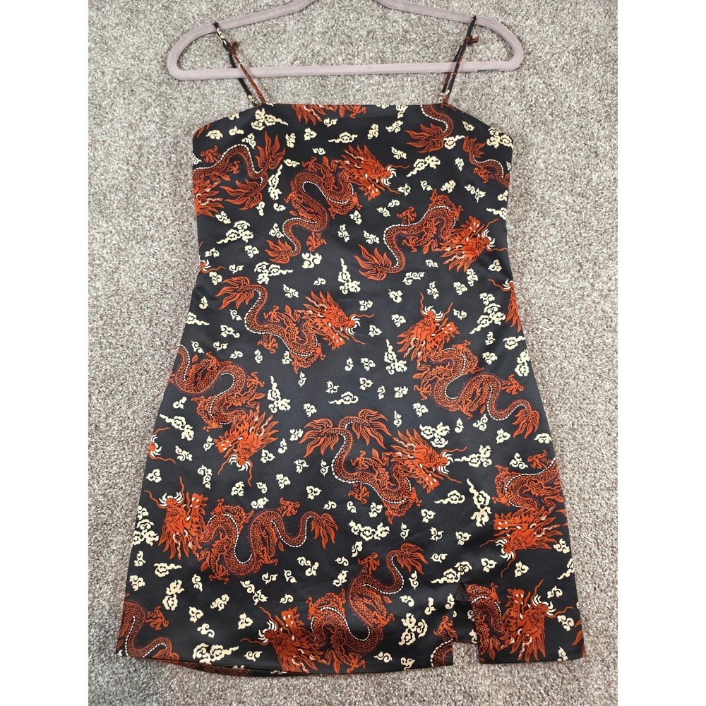 Zara Womens XS Black Red Dragon Print Satin Mini Dress Spaghetti Strap Slip Slit